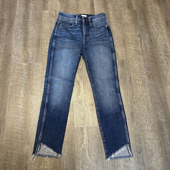 Madewell 10” High Rise Skinny Jeans Blue Wash Raw Asymmetrical Hem Womens 25 - Picture 1 of 6